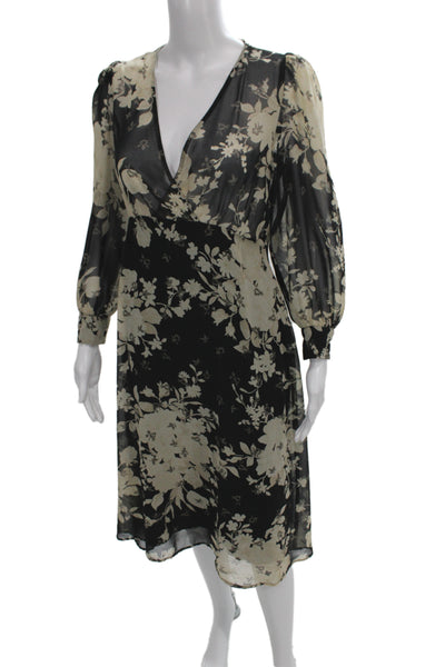 Zara Womens Wrap Dress Black Floral V Neck Long Sleeve Midi Polyester Size M