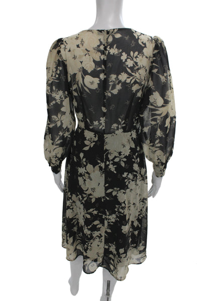 Zara Womens Wrap Dress Black Floral V Neck Long Sleeve Midi Polyester Size M