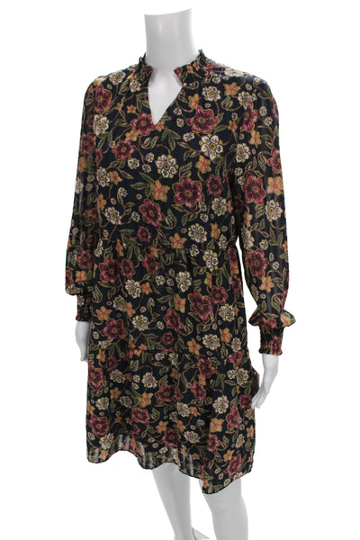 Nanette Nanette Lepore Women Black Floral V-Neck Shift Dress Long Sleeve Size 8