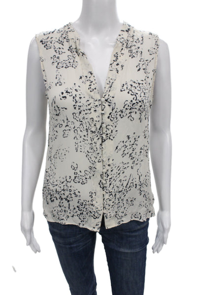Parker Womens Silk Beige Animal Print V-Neck Sleeveless Blouse Button Size M