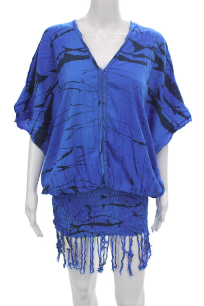 Indah Womens Tunic Blue V-Neck Geometric Rayon Short Sleeve Size XS