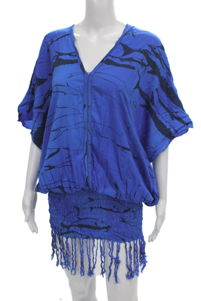 Indah Womens Tunic Blue V-Neck Geometric Rayon Short Sleeve Size XS