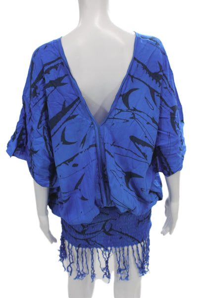 Indah Womens Tunic Blue V-Neck Geometric Rayon Short Sleeve Size XS