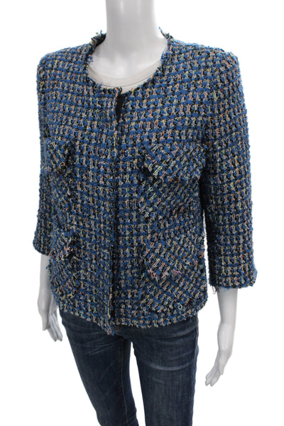 Smythe Womens Blue Checked Basic Jacket Button Closure 3/4 Sleeve Size 6