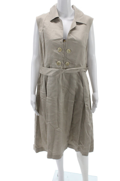 Carolina Herrera Womens Beige Collared Sleeveless Shirt Dress Linen Size 14