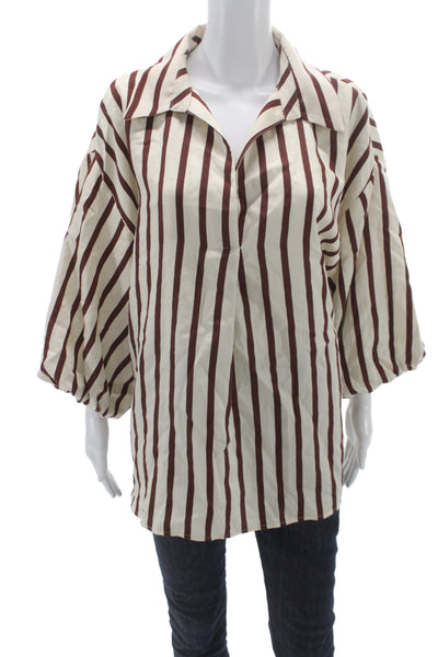 Zara Womens Tunic Blouse Collared Striped Beige 3/4 Sleeve Polyester Size L