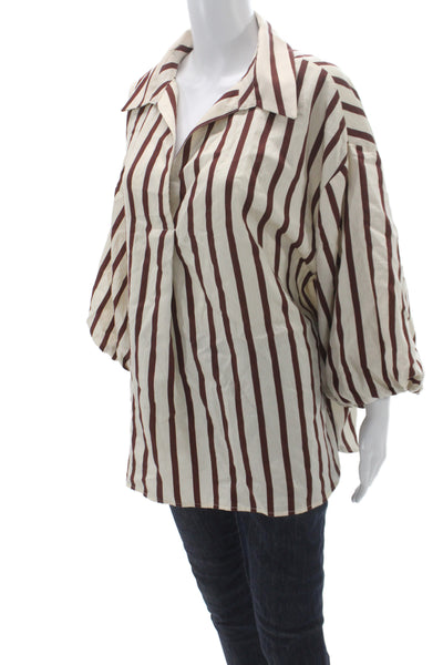 Zara Womens Tunic Blouse Collared Striped Beige 3/4 Sleeve Polyester Size L