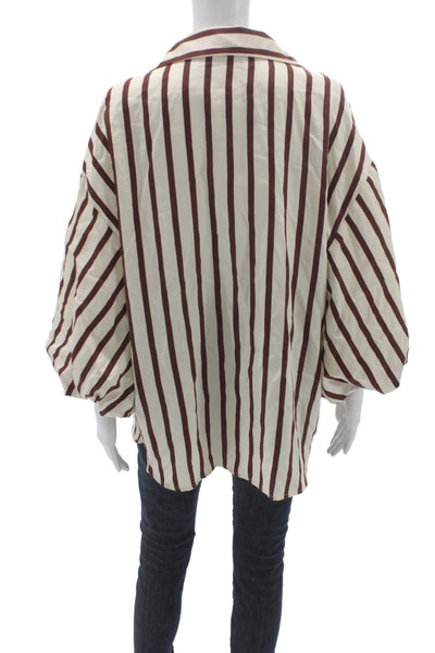 Zara Womens Tunic Blouse Collared Striped Beige 3/4 Sleeve Polyester Size L