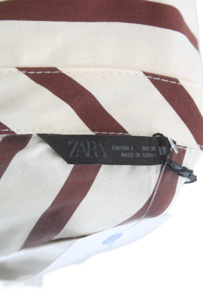 Zara Womens Tunic Blouse Collared Striped Beige 3/4 Sleeve Polyester Size L