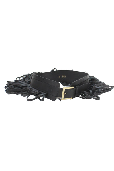 Zara WOmens Leather Fringe Tring Belt Black Size 30