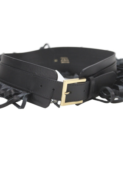 Zara WOmens Leather Fringe Tring Belt Black Size 30