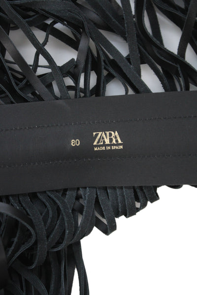 Zara WOmens Leather Fringe Tring Belt Black Size 30