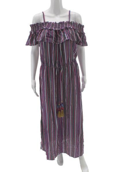 Figue Women Bohemian Striped Silk Off Shoulder Maxi Dress Multicolor Size L