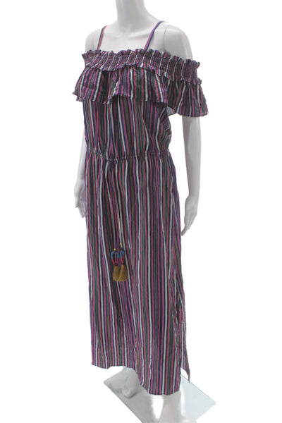 Figue Women Bohemian Striped Silk Off Shoulder Maxi Dress Multicolor Size L