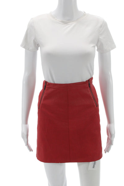 Theory Women Mini Lamb Leather Skirt Red Zip Classic Fall Size 10