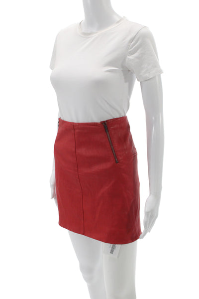Theory Women Mini Lamb Leather Skirt Red Zip Classic Fall Size 10