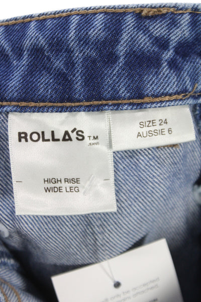 Rollas Women Wide Leg Jeans High Rise Blue 100% Cotton Size 24