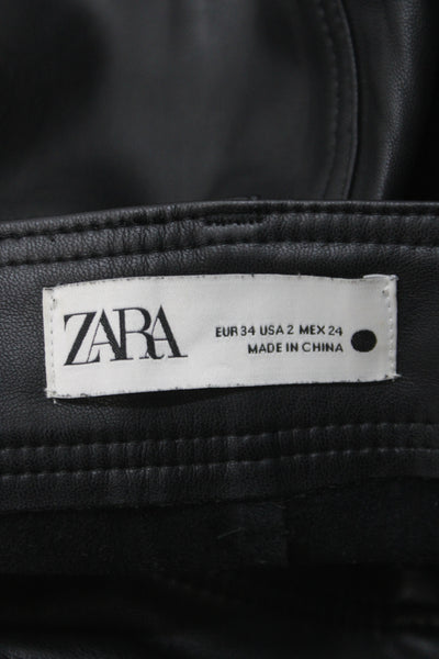 Zara Women Cropped Faux Leather Black Pants Button Size 2