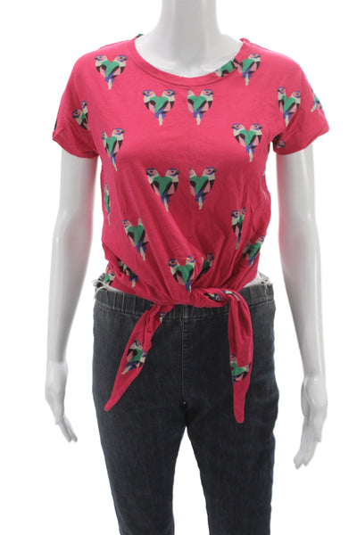 Maje Women Cropped Pink Cotton Round Neck Short Sleeve Tee Bird Print Size 1