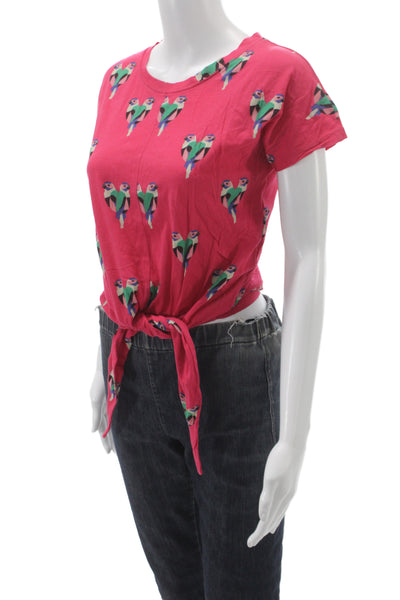 Maje Women Cropped Pink Cotton Round Neck Short Sleeve Tee Bird Print Size 1