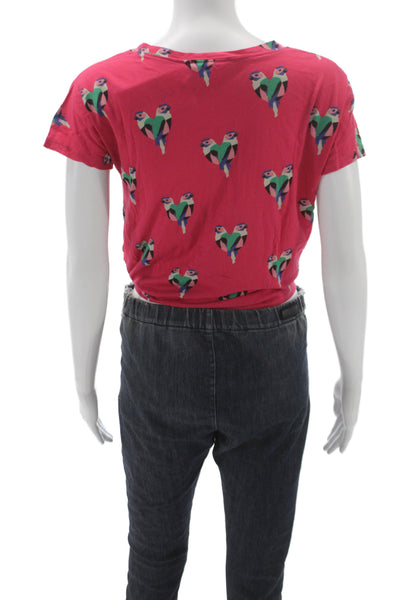 Maje Women Cropped Pink Cotton Round Neck Short Sleeve Tee Bird Print Size 1