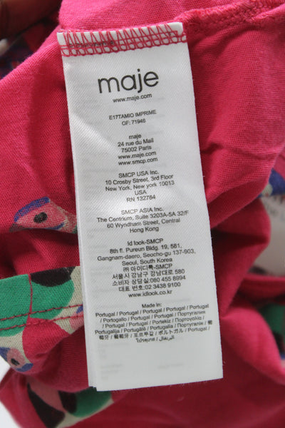 Maje Women Cropped Pink Cotton Round Neck Short Sleeve Tee Bird Print Size 1