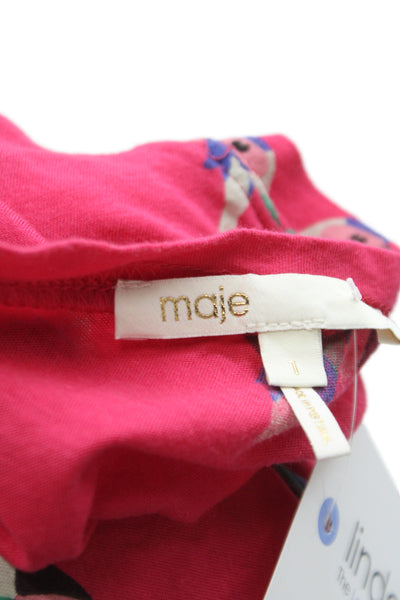 Maje Women Cropped Pink Cotton Round Neck Short Sleeve Tee Bird Print Size 1