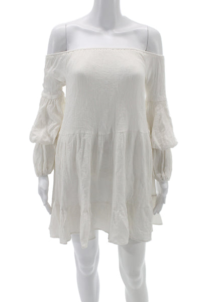 Indikah Women Boho Off Shoulder Mini Dress White Rayon Long Sleeve Size 6