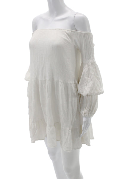 Indikah Women Boho Off Shoulder Mini Dress White Rayon Long Sleeve Size 6