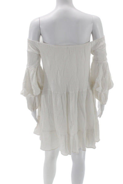 Indikah Women Boho Off Shoulder Mini Dress White Rayon Long Sleeve Size 6