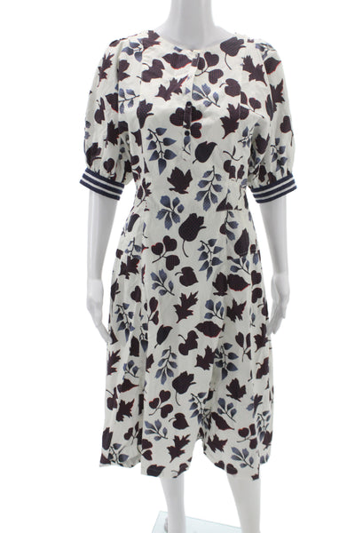 Warm Womens White Floral Shirt Dress 100% Cotton Short Sleeve Midi Size M