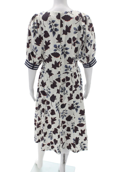 Warm Womens White Floral Shirt Dress 100% Cotton Short Sleeve Midi Size M