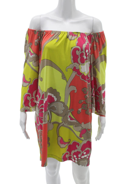 Trina Turk Womens Floral Off the Shoulder Long Sleeve Shift Dress Size M