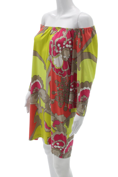 Trina Turk Womens Floral Off the Shoulder Long Sleeve Shift Dress Size M