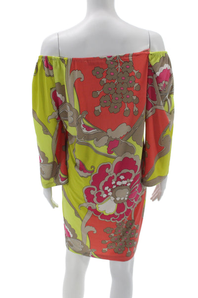 Trina Turk Womens Floral Off the Shoulder Long Sleeve Shift Dress Size M