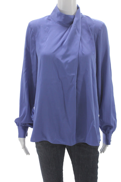 Elie Tahari Women Basic Blue Silk High Neck Blouse Long Sleeve Size M