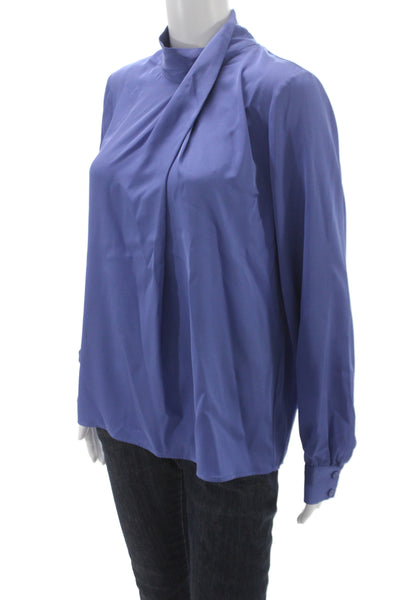 Elie Tahari Women Basic Blue Silk High Neck Blouse Long Sleeve Size M