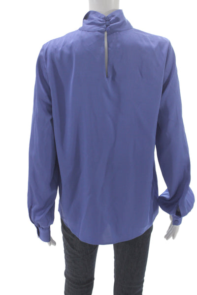 Elie Tahari Women Basic Blue Silk High Neck Blouse Long Sleeve Size M