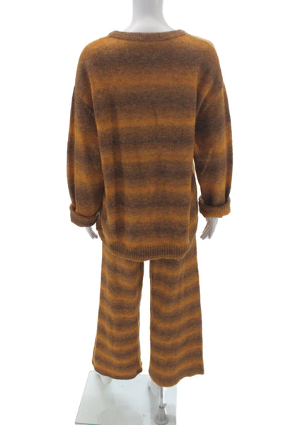 Zara Womens Striped Brown Long Sleeve Crew Neck Pullover Outfit Set Size M