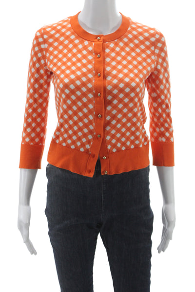 Kate Spade New York Womens Orange Gingham Cardigan 3/4 Sleeve Size XS