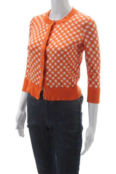 Kate Spade New York Womens Orange Gingham Cardigan 3/4 Sleeve Size XS