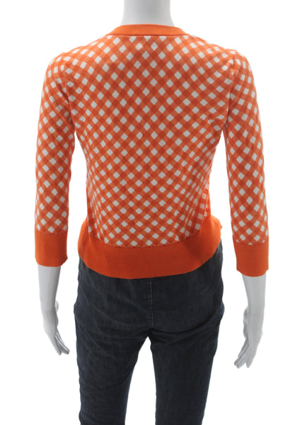Kate Spade New York Womens Orange Gingham Cardigan 3/4 Sleeve Size XS