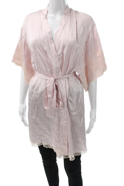 Josie Natori Womens Silk Floral Lace Short Sleeve Robe Pink Size XS