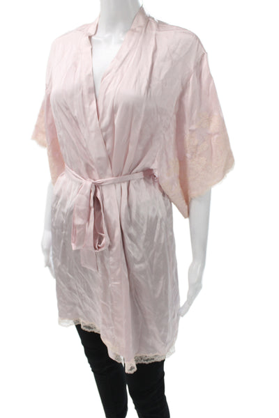 Josie Natori Womens Silk Floral Lace Short Sleeve Robe Pink Size XS