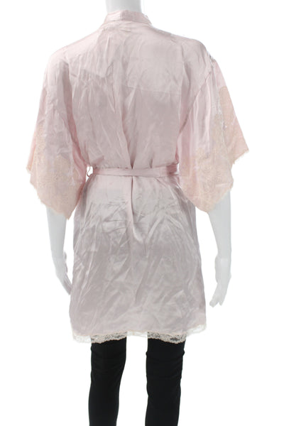 Josie Natori Womens Silk Floral Lace Short Sleeve Robe Pink Size XS