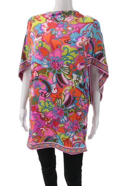 Trina Turk Women Bohemian Floral Tunic Short Sleeve Tie Multicolor Size M