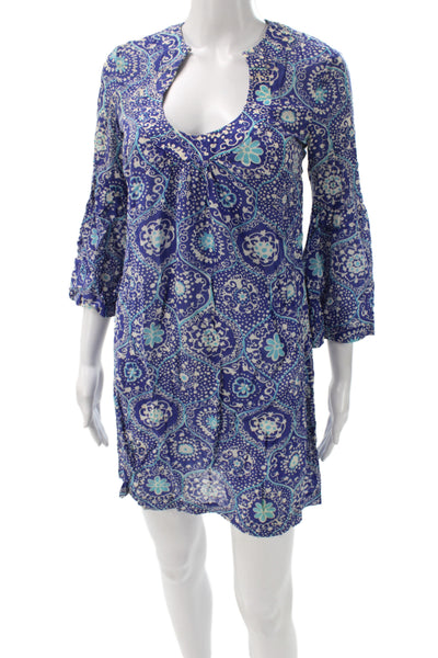 Trina Turk Women Blue Floral Shift Dress 3/4 Sleeve Scoop Neck Size 2