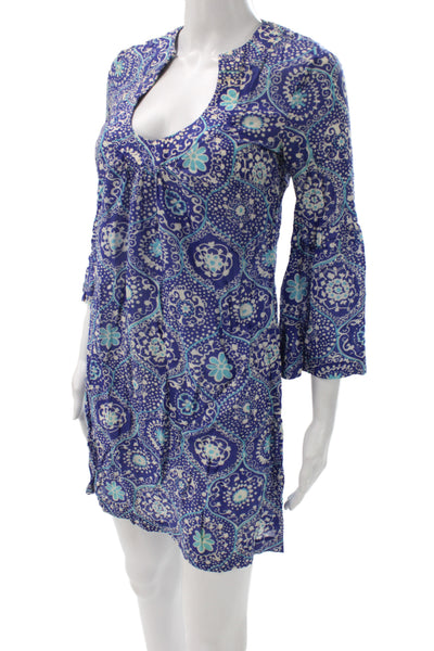 Trina Turk Women Blue Floral Shift Dress 3/4 Sleeve Scoop Neck Size 2