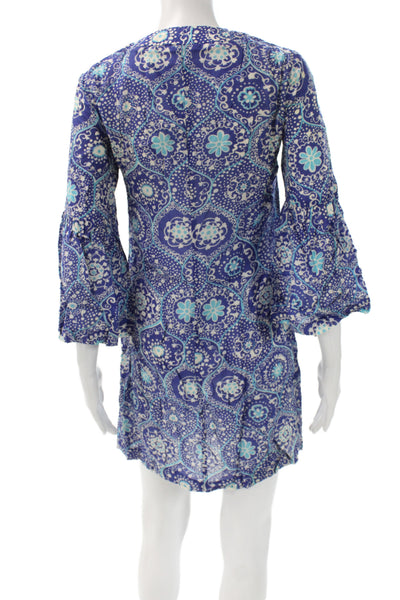Trina Turk Women Blue Floral Shift Dress 3/4 Sleeve Scoop Neck Size 2