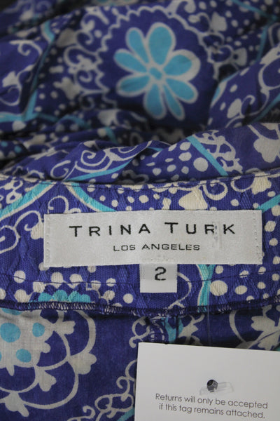 Trina Turk Women Blue Floral Shift Dress 3/4 Sleeve Scoop Neck Size 2